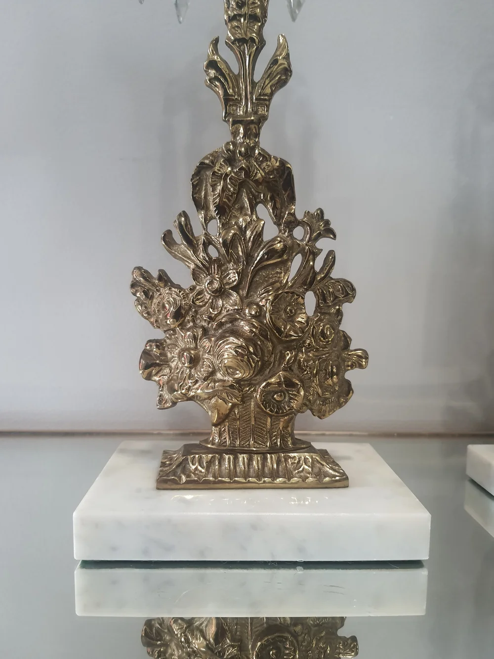 Decorative Brass Floral Taper Candlestick Pair with Crystals - Gold